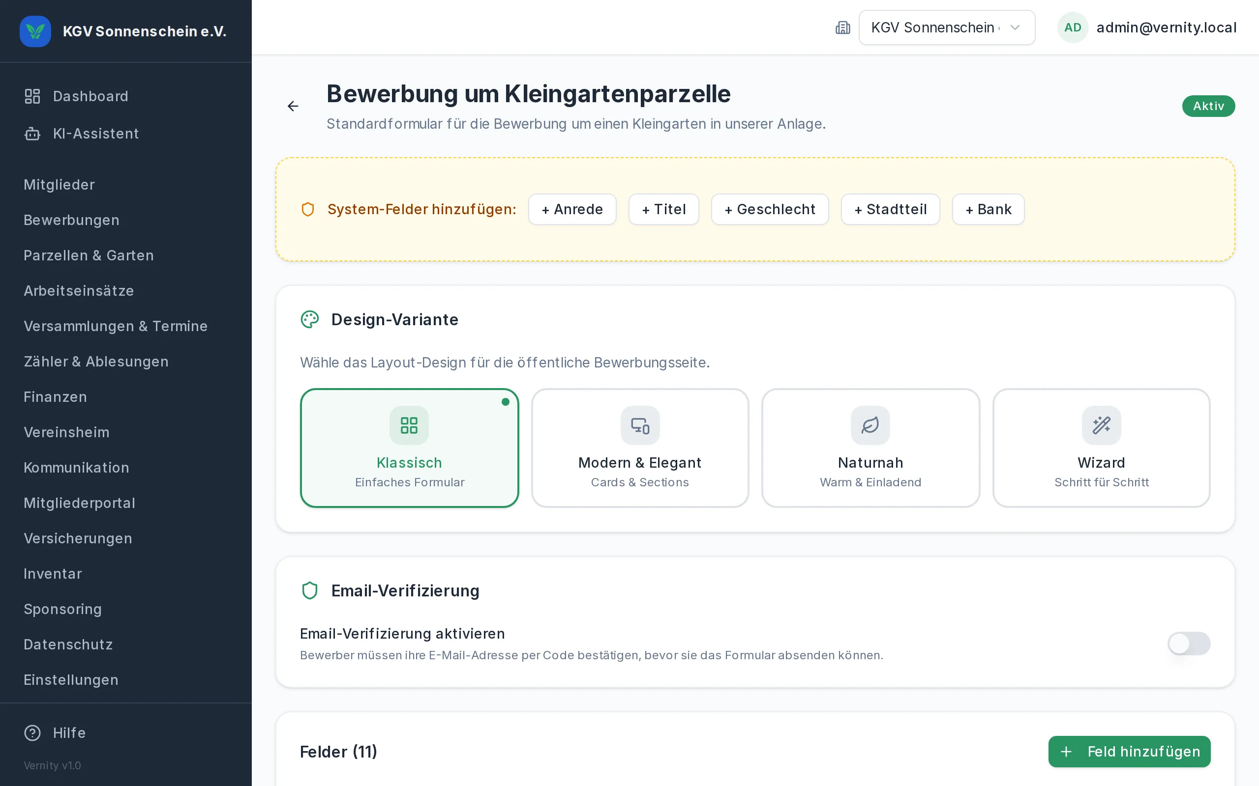 Bewerbungsformular-Builder mit Feldkonfiguration
