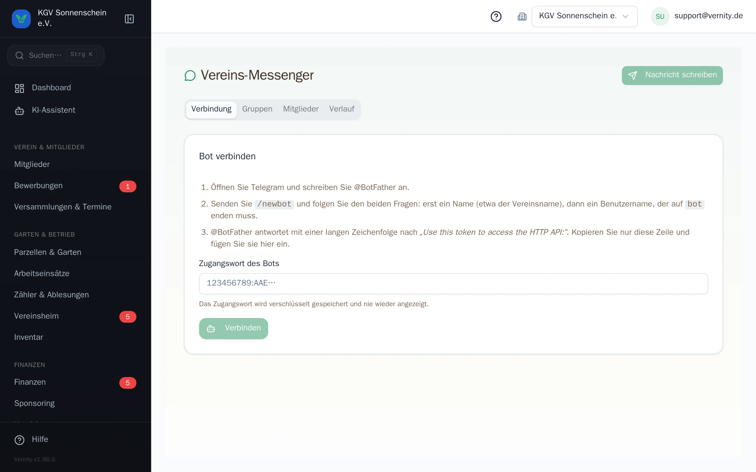 Reiter „Verbindung" mit der Anleitung zum Anlegen des Bots und dem Feld für das Zugangswort