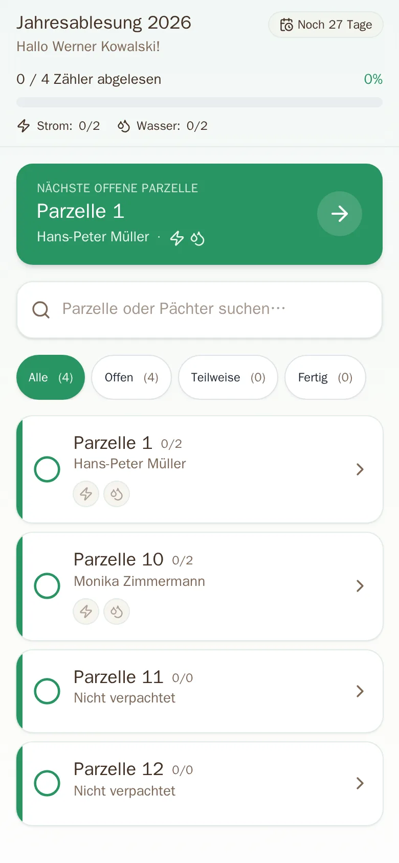 Geführte Zählerablesung auf dem Smartphone — Fortschritt und nächste offene Parzelle